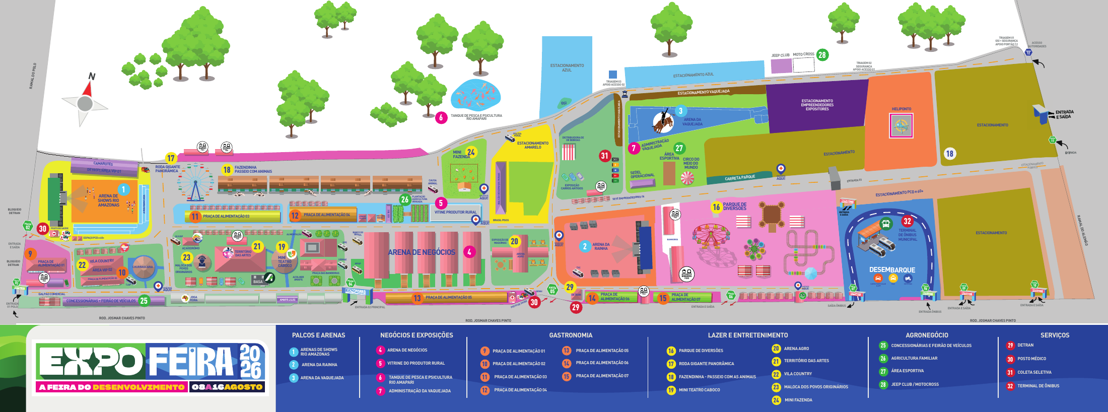 Mapa geral da Expofeira 2026 com arenas, pavilhões, serviços e estacionamentos