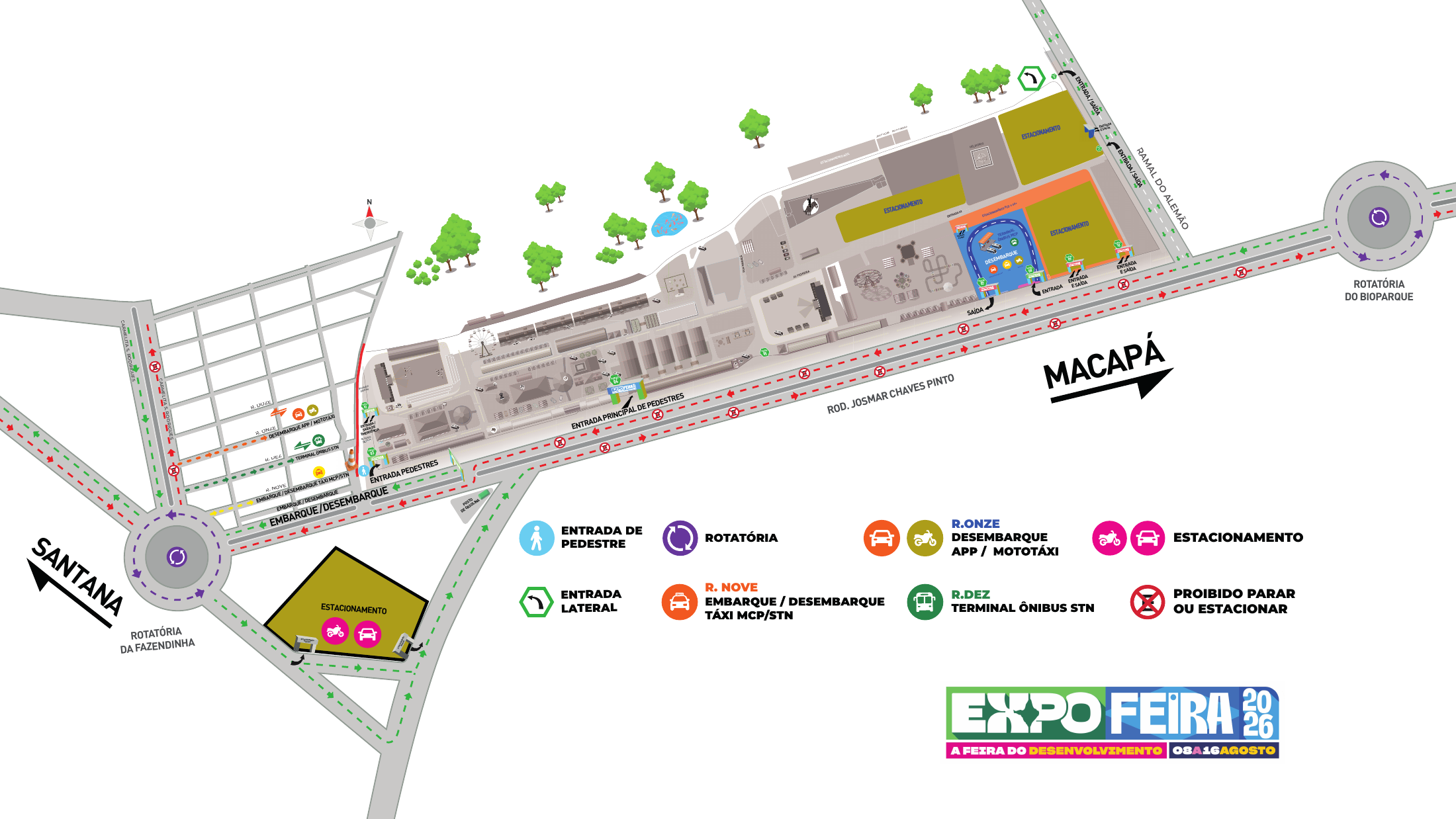 Mapa de trânsito da Expofeira 2026 com rotas, entradas, estacionamento e pontos de embarque