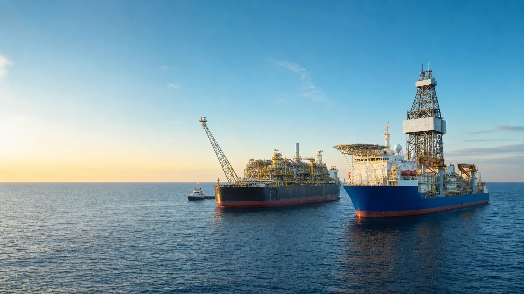 Navio-sonda e FPSO em operação offshore
